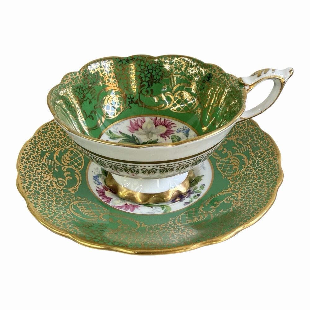 Royal Stafford Empress Pattern Green & Gold Gilded Teacup & Saucer Cabbage Rose